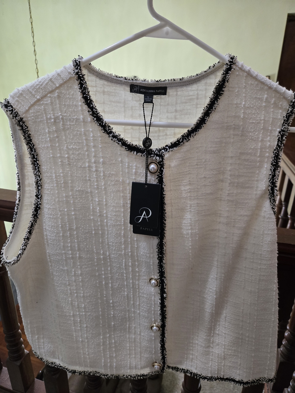Adrianna Papell Cream Tweed Sleeveless Cardigan with Black Trim